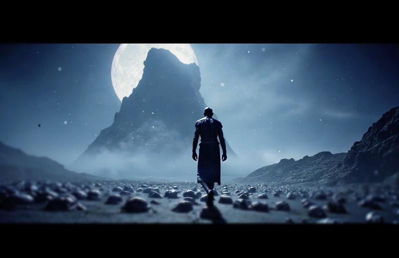 A lone figure walking toward a mountain beneath a moonlit sky.