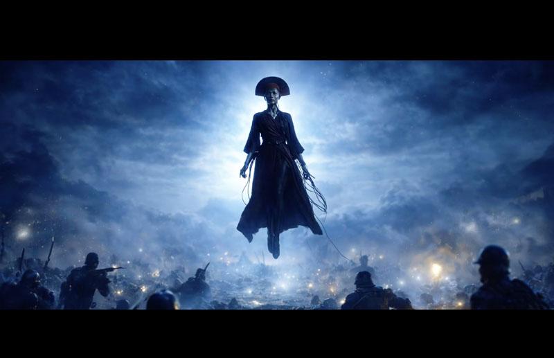 A floating figure suspended above a battlefield in blue light.