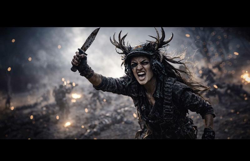 A warrior charging through smoke with a knife raised.