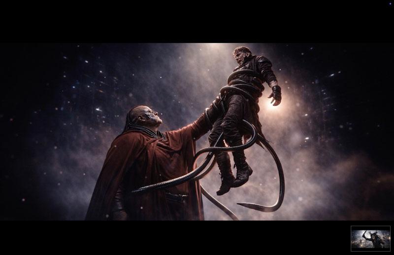 A figure lifting another by cables in a dark cinematic scene.