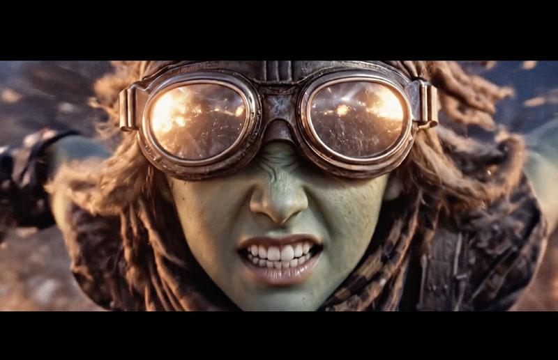 A close-up of a goggled character with fire reflected in the lenses.