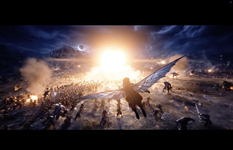 A winged character flying over a bright battlefield explosion.
